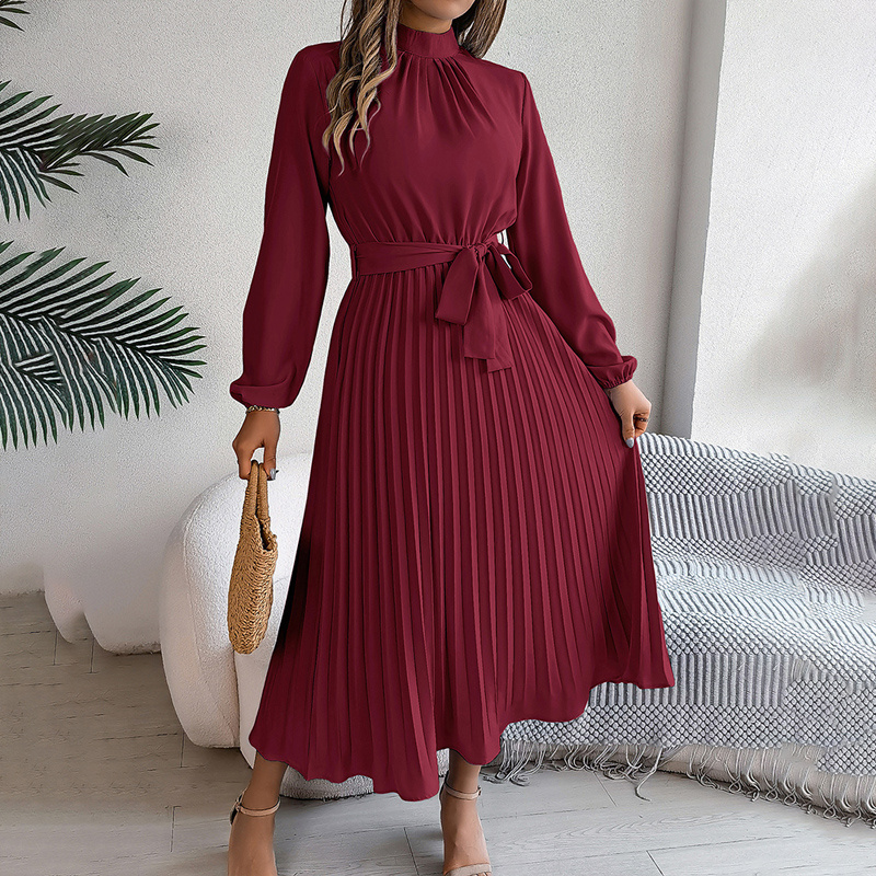 Elegant High Neck Long Sleeve Pleated Maxi Dress - Solid Color Flowy Dress For Women, Casual To Formal Wear - Image 8