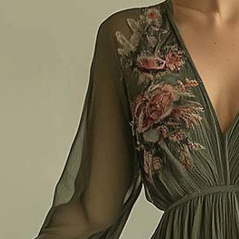 Women's Elegant V-Neck Green Floral Print A-Line Maxi Semi-Sheer Long Sleeve Spring&Summer Dress - Image 4