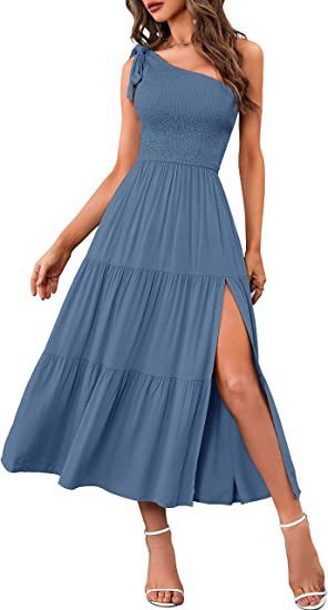 New Summer Fashion Women's One-shoulder Pleated Layered Hem Split Dress - Image 7