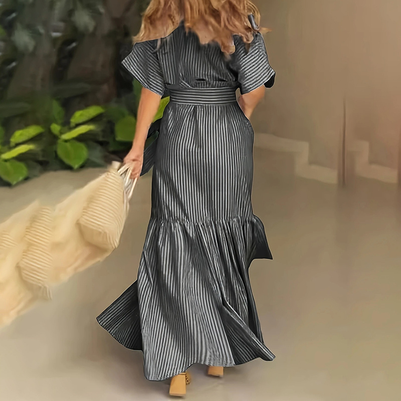 Women's Summer Casual Striped Button Down Maxi Dress Tie Waist Short Sleeve Shirt Dress With Pockets - Image 10