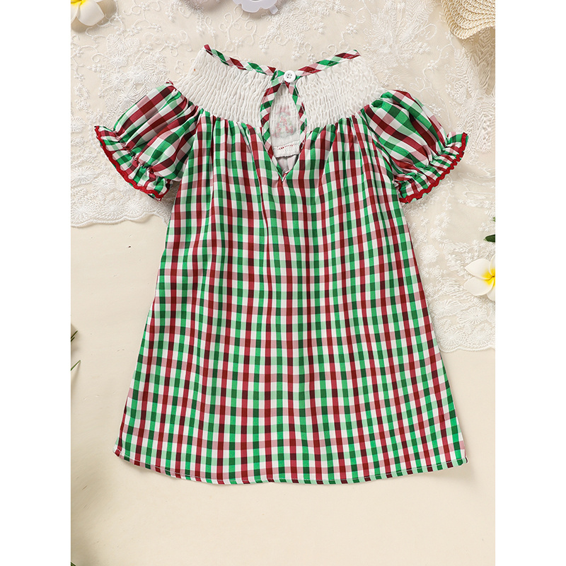Toddler Infant Baby Girls Christmas Dress Short Sleeve Christmas Tree Embroidered Plaid Casual Party Dresses - Image 5