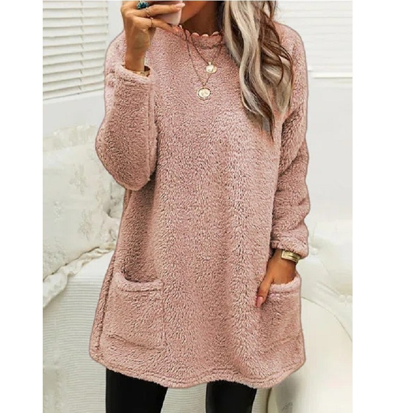 Women's Fleece Pullover Long Sweater With Pockets Winter Warm Thinken Sweatershirt Casual Long Sleeve Plush Tops Hoodie Coat Streetwear Fall Loose Outfits Hoodie Tops - Image 2