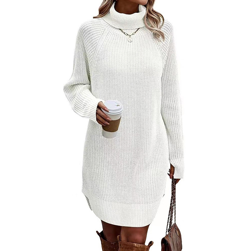Women's Turtleneck Sweater Dress, Fall Long Sleeve Knit Pullover Mini Dress, Casual Short Sweater Dresses - Image 4