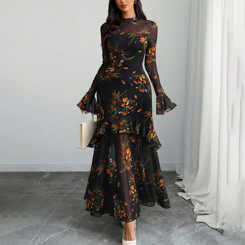 Women's Floral Print Maxi Dress, Sheer Mesh Flare Sleeve With Tiered Ruffle, Romantic Boho Casual Long Dress - Image 3