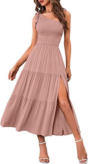 New Summer Fashion Women's One-shoulder Pleated Layered Hem Split Dress - Image 6