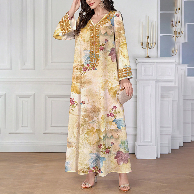 Women's Chic Bohemian Floral V-Neck Maxi Dress, Elegant Golden Long Sleeve Loose Fit Casual Dress - Image 3