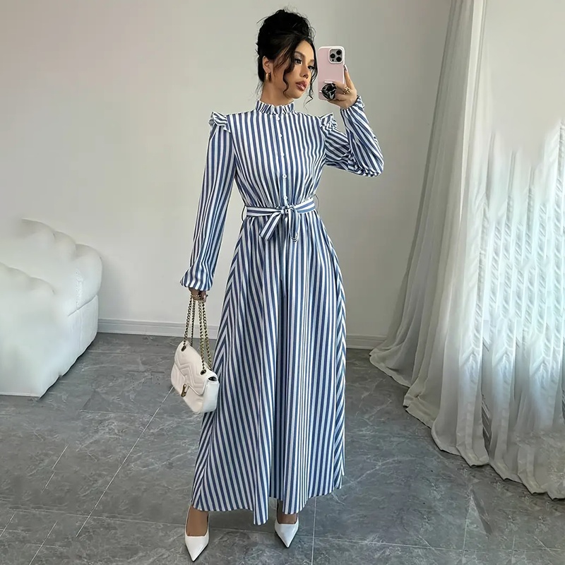 Women's Floral Print Long Sleeve Maxi Dress - Stand Collar A-Line Dress With Waist Detail, Lantern Sleeves & Ruffle Hem For Spring&Fall - Image 8