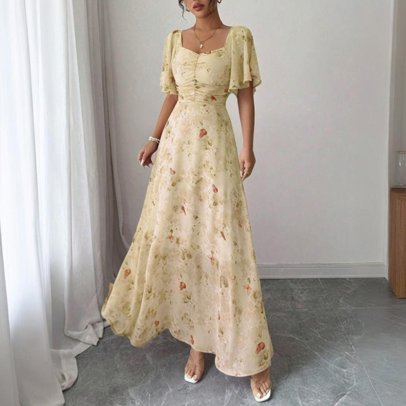 Women's Solid Color Square Neck Short Sleeve Butterfly Print Flowy Dress A-Line Summer Vacation Maxi Dress - Image 10