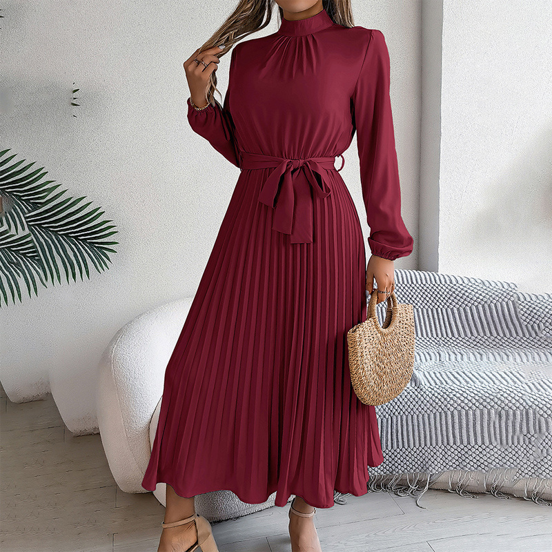 Elegant High Neck Long Sleeve Pleated Maxi Dress - Solid Color Flowy Dress For Women, Casual To Formal Wear - Image 7