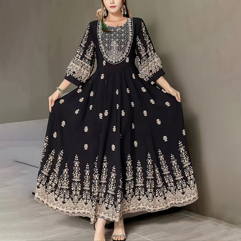 Women's Bohemian Embroidered Maxi Dress Elegant 3 4 Sleeve Swing Dress - Image 7