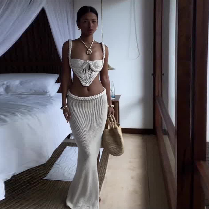 Y2K Crochet Knit 2 Piece Skirt Set Women's Square Collar Camisole Hip Skirt Hollow Out Strapless Tube Top Low Waist Bodycon Maxi Skirts Outfit - Image 2