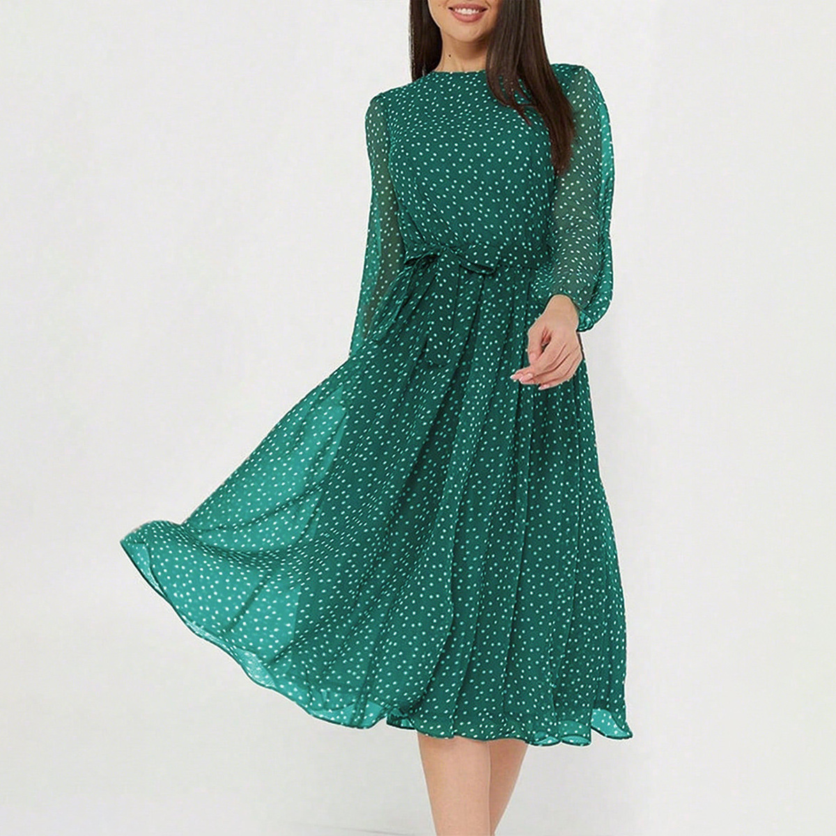 European And American Leisure Vacation Style Polka Dot Long Sleeve Maxi Dress - Image 7