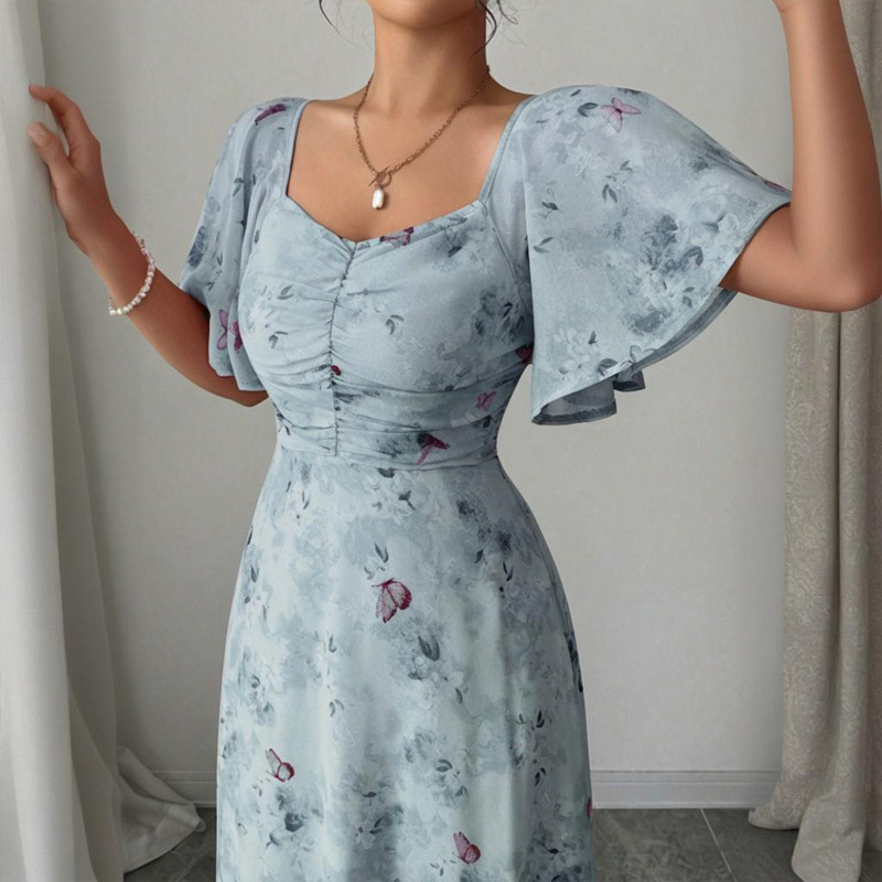 Women's Solid Color Square Neck Short Sleeve Butterfly Print Flowy Dress A-Line Summer Vacation Maxi Dress - Image 5