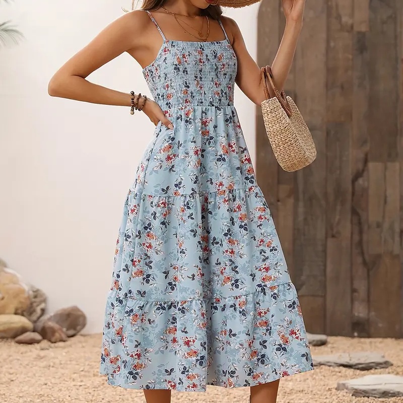 Womens Summer Floral Midi Dress Smocked Spaghetti Strap Sleeveless Tiered Casual Flowy Dresses - Image 6
