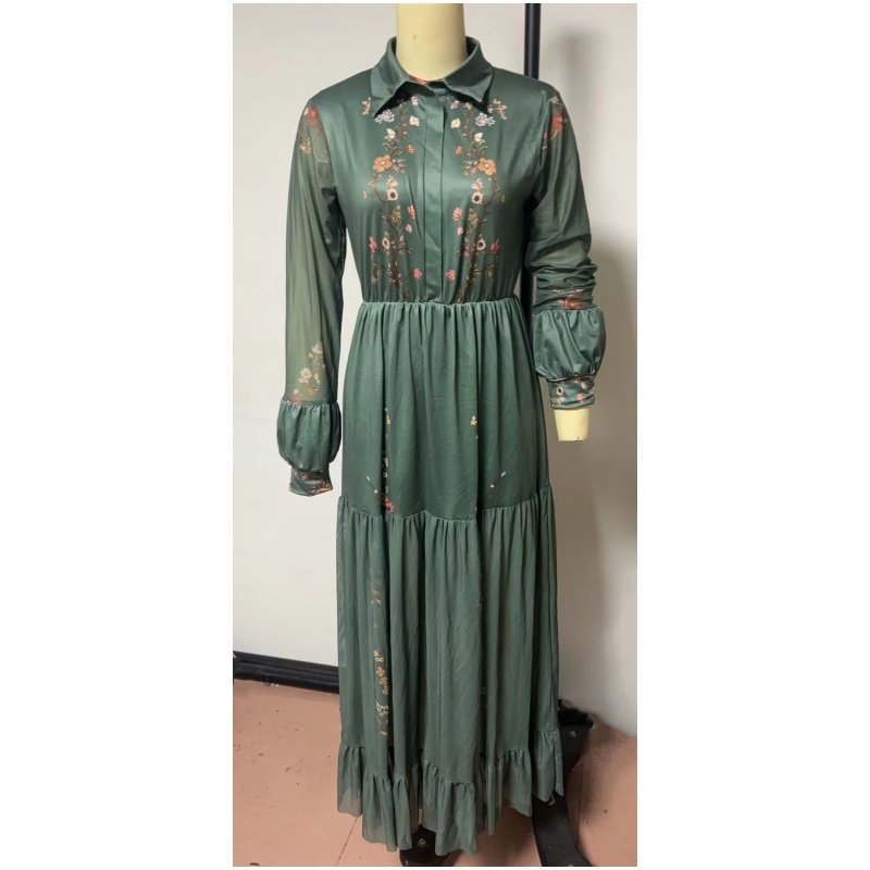 Fashion Fall Maxi Dress For Women Bohemian Retro Floral Print Sheer Sleeve Long Flowy Shirt Dress, Belt Not Included - Image 3