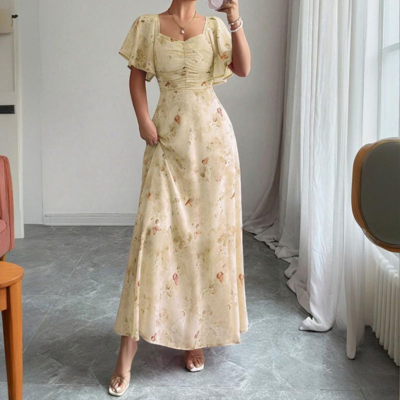 Women's Solid Color Square Neck Short Sleeve Butterfly Print Flowy Dress A-Line Summer Vacation Maxi Dress - Image 9