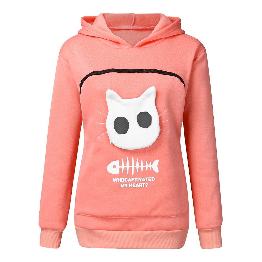 Women Hoodie Sweatshirt With Cat Pet Pocket Design Long Sleeve Sweater Cat Outfit - Image 9