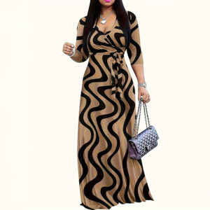 Women's V-Neck Elegant Half-Sleeve Belted Waist Print Maxi Dress For Spring&Summer Dress