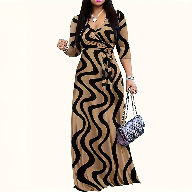 Women's V-Neck Elegant Half-Sleeve Belted Waist Print Maxi Dress For Spring&Summer Dress