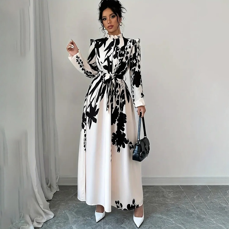 Women's Floral Print Long Sleeve Maxi Dress - Stand Collar A-Line Dress With Waist Detail, Lantern Sleeves & Ruffle Hem For Spring&Fall - Image 5