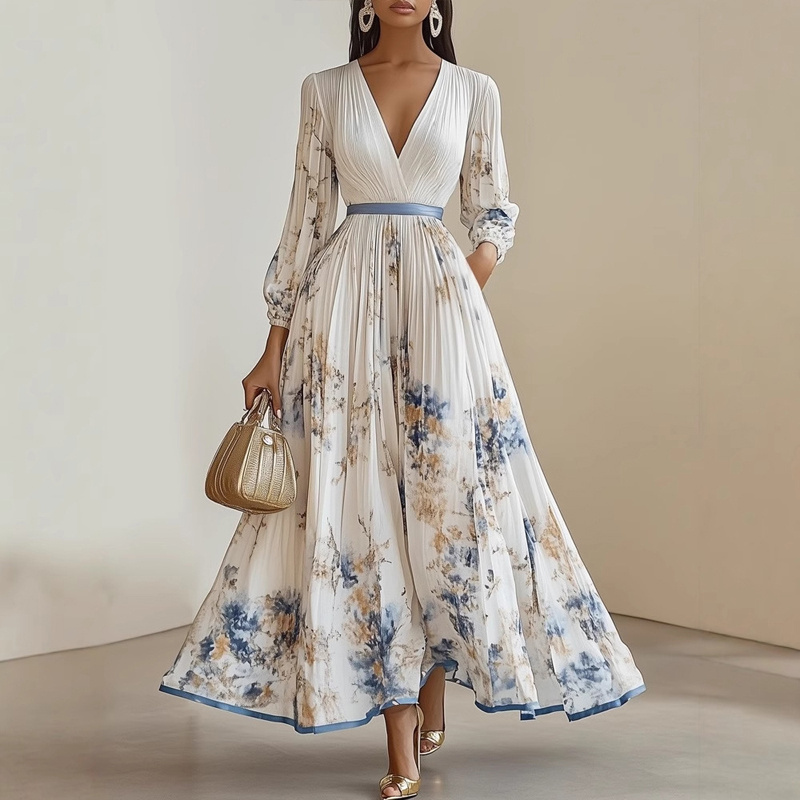 Women's Floral Print V-Neck Long Sleeve Maxi Dress A-Line Flowy Ruffled For Spring&Summer Vacation & Evening Party - Image 3