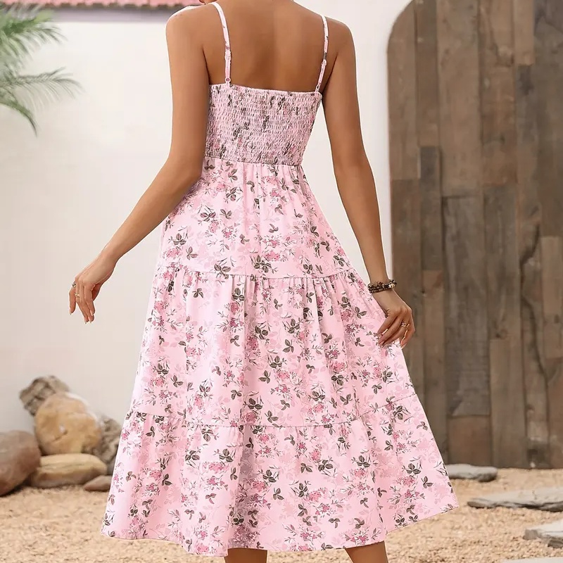 Womens Summer Floral Midi Dress Smocked Spaghetti Strap Sleeveless Tiered Casual Flowy Dresses - Image 4