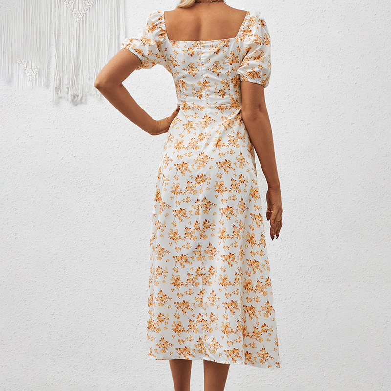 Women's Square Neck Floral Print Dress With Puff Sleeves & Side Slit - Elegant Spring Summer Boho Maxi Dress - Image 6