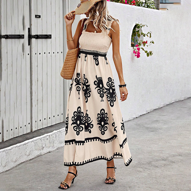 Women's Wide Strap Printed Maxi Dress With Bust Pleats, A-Line Vacation Dress - Image 2