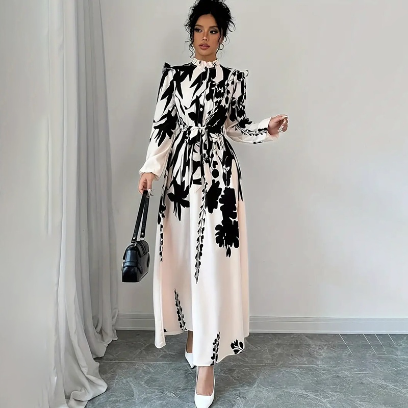 Women's Floral Print Long Sleeve Maxi Dress - Stand Collar A-Line Dress With Waist Detail, Lantern Sleeves & Ruffle Hem For Spring&Fall - Image 2