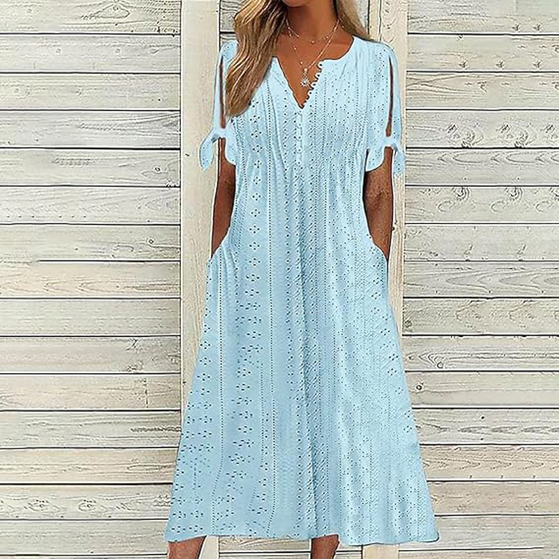 Women's Eyelet V-Neck Maxi Dress Short Sleeve Flowy A-Line Summer Beach Dress - Image 7