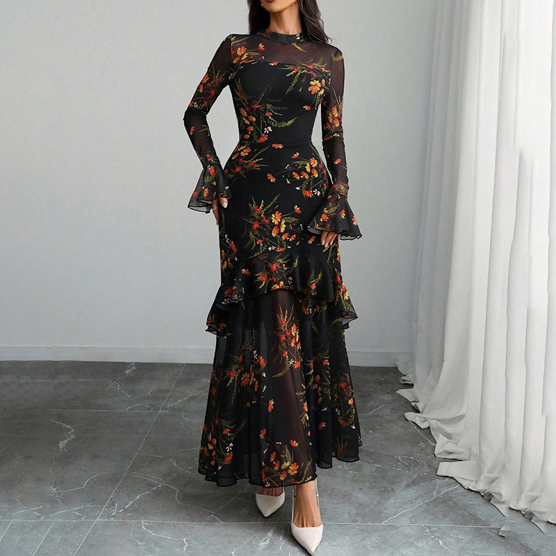 Women's Floral Print Maxi Dress, Sheer Mesh Flare Sleeve With Tiered Ruffle, Romantic Boho Casual Long Dress - Image 4