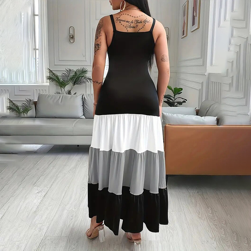 Women's Summer Casual Sleeveless V Neck Color Block Spaghetti Strap Maxi Long Dress - Image 9
