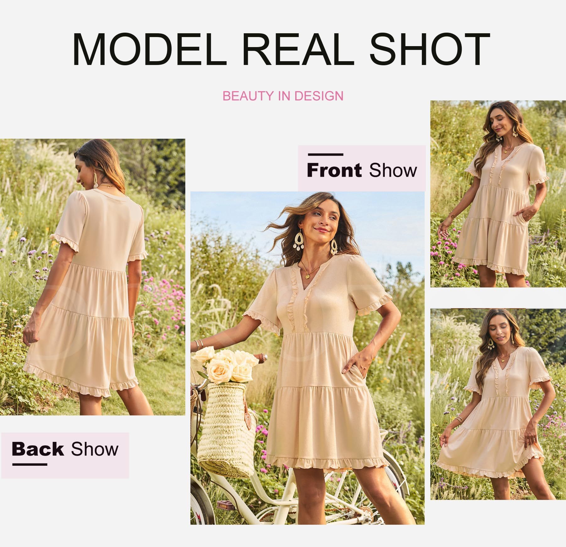 Womens Dresses Summer Spring V Neck Short Sleeve Casual A Line Flowy Swing Dress Mini Dress - Image 5