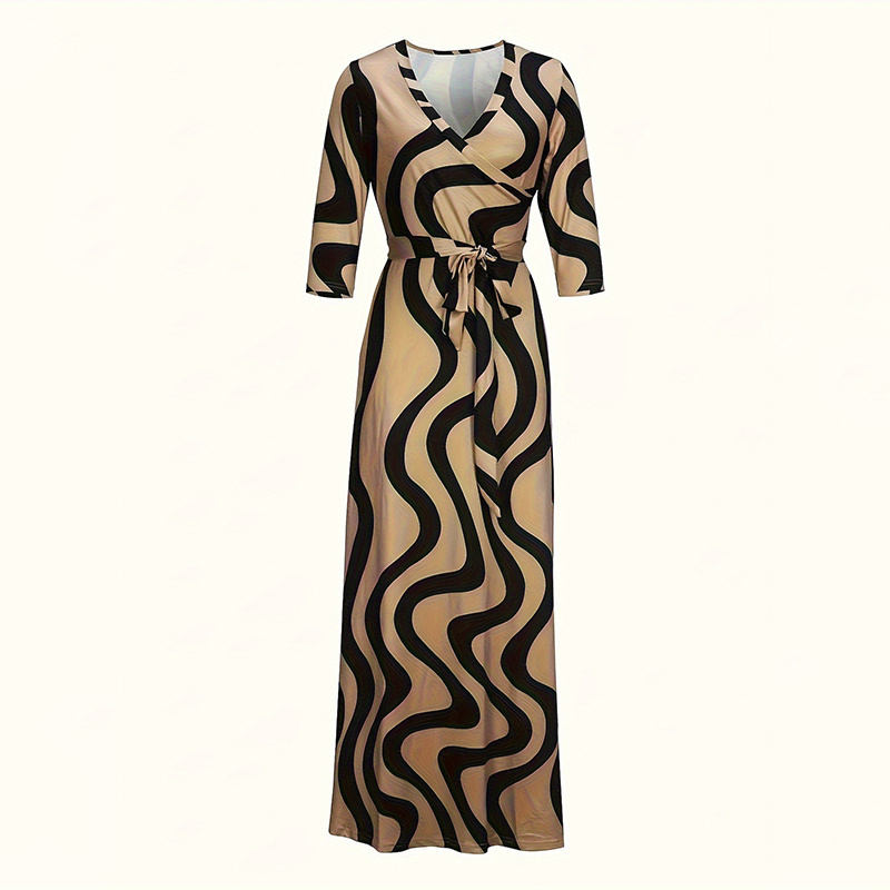 Women's V-Neck Elegant Half-Sleeve Belted Waist Print Maxi Dress For Spring&Summer Dress - Image 2