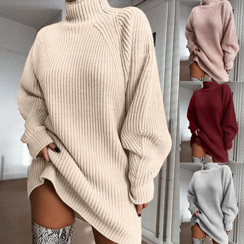 Solid Turtleneck Long Sweater Winter Warm Women Sweater Dress - Image 2