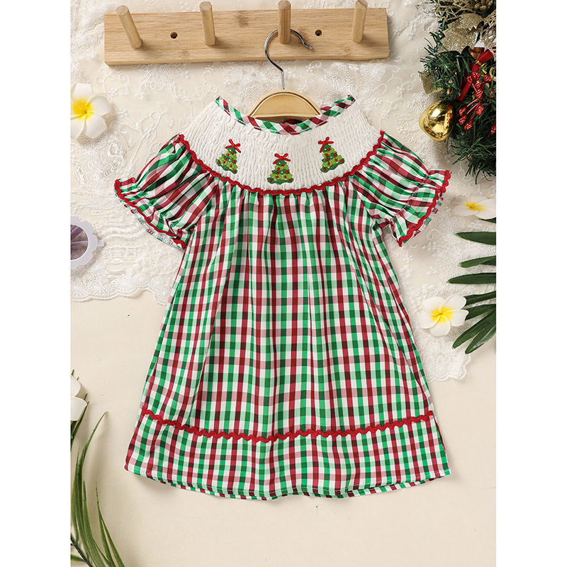 Toddler Infant Baby Girls Christmas Dress Short Sleeve Christmas Tree Embroidered Plaid Casual Party Dresses - Image 2