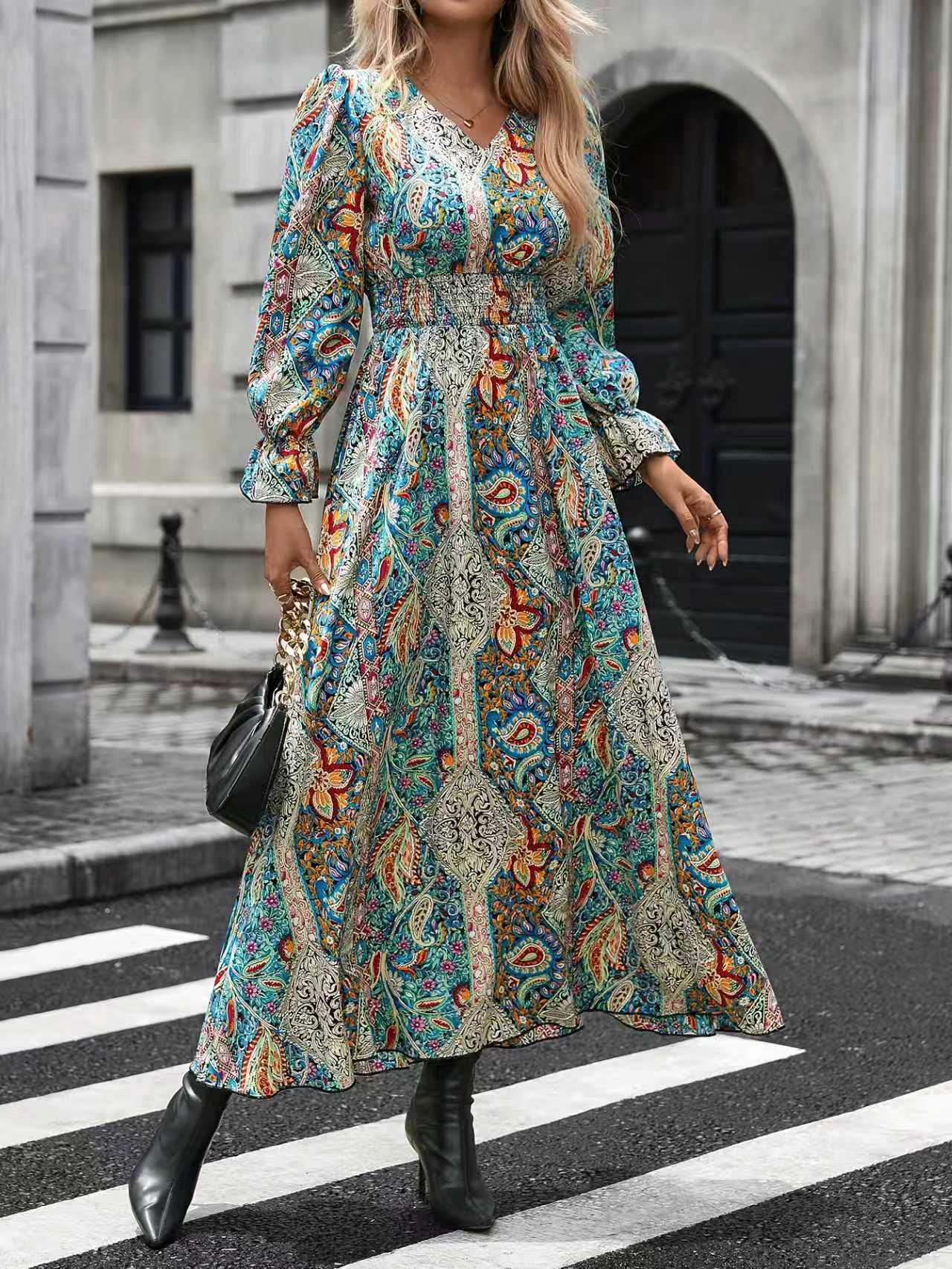 Women's V-Neck Retro Geometric Print Flounce Sleeve Dress - A-Line Maxi Dress With Smocked Waist For Spring&Summer