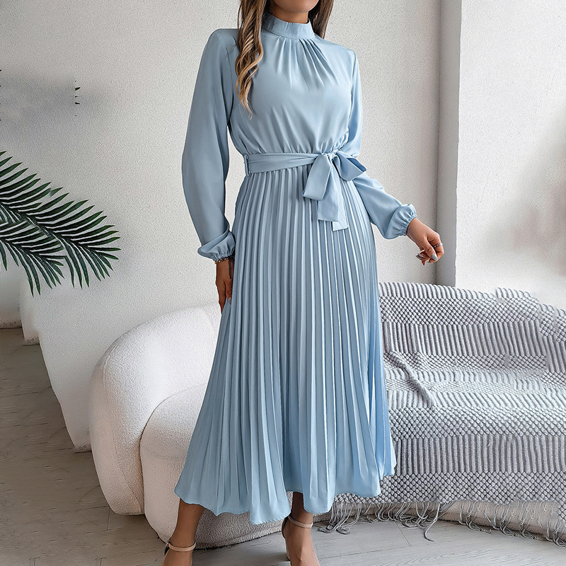 Elegant High Neck Long Sleeve Pleated Maxi Dress - Solid Color Flowy Dress For Women, Casual To Formal Wear - Image 2