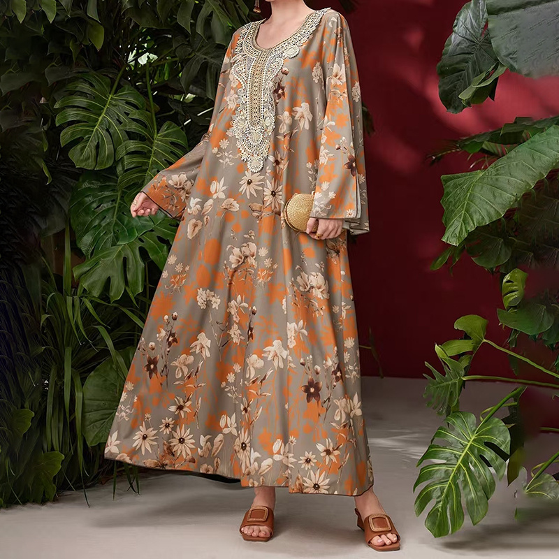 Women's Elegant Plus Size Floral Print Maxi Dress - Middle Eastern Bohemian Style Embroidery Long Dress - Image 3