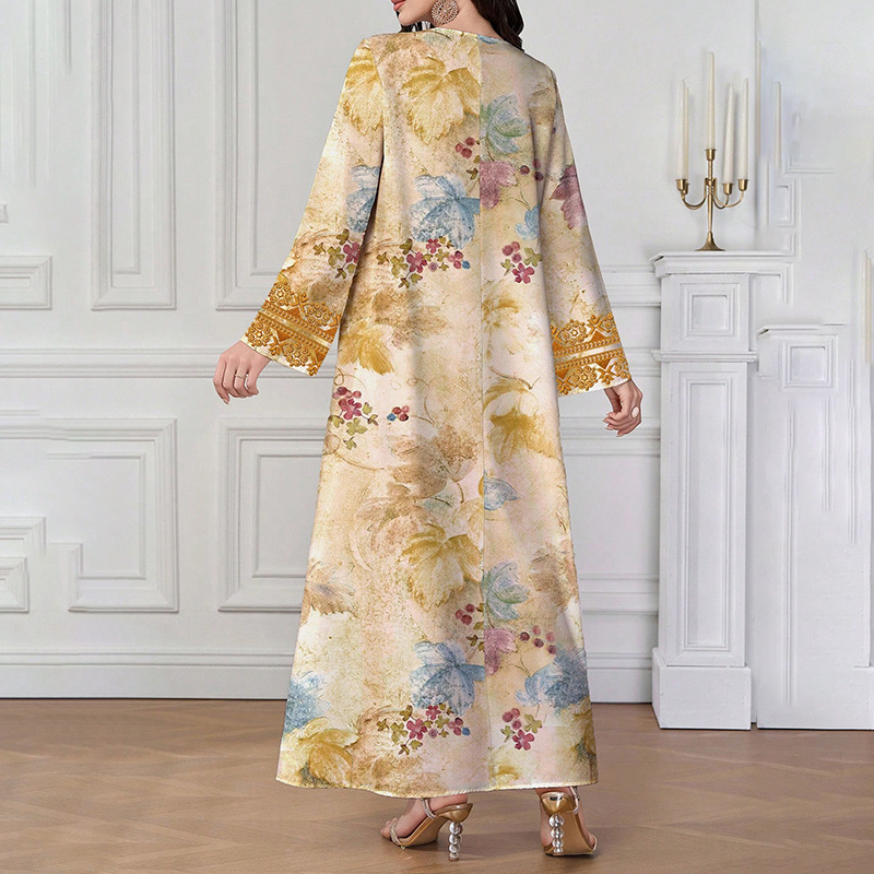 Women's Chic Bohemian Floral V-Neck Maxi Dress, Elegant Golden Long Sleeve Loose Fit Casual Dress - Image 7