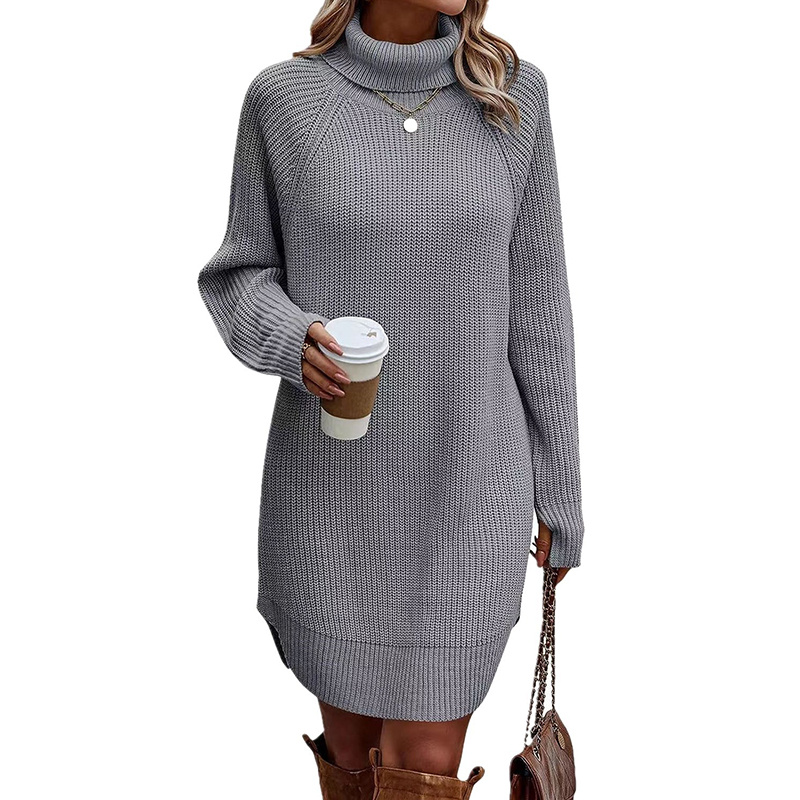 Women's Turtleneck Sweater Dress, Fall Long Sleeve Knit Pullover Mini Dress, Casual Short Sweater Dresses - Image 7