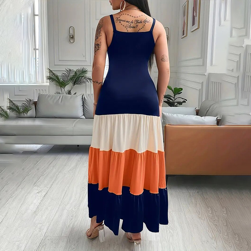 Women's Summer Casual Sleeveless V Neck Color Block Spaghetti Strap Maxi Long Dress - Image 6