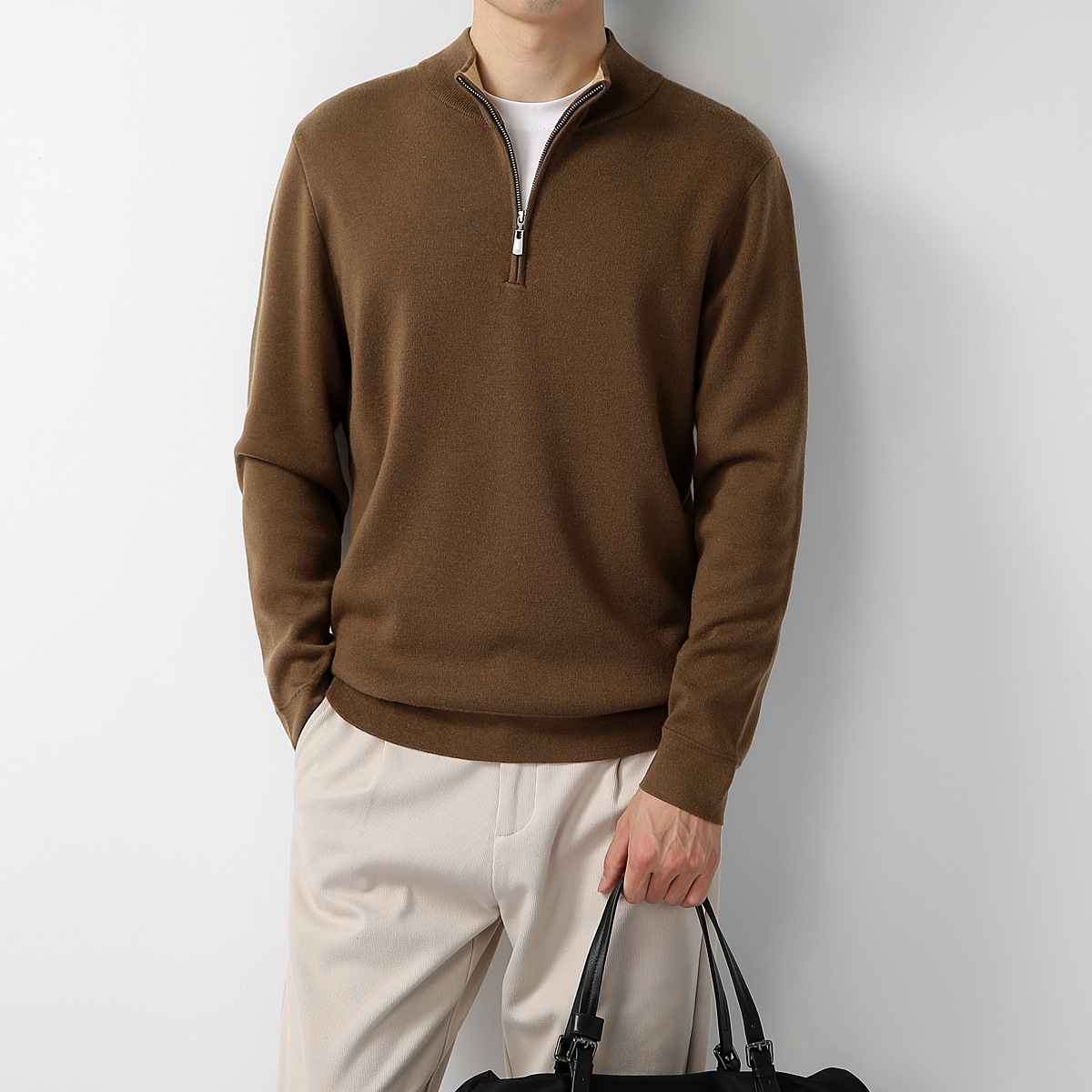 Men's Sweater Light Mature Simple Zip Stand Collar Machine Washable Merino Wool Knitwear - Image 3