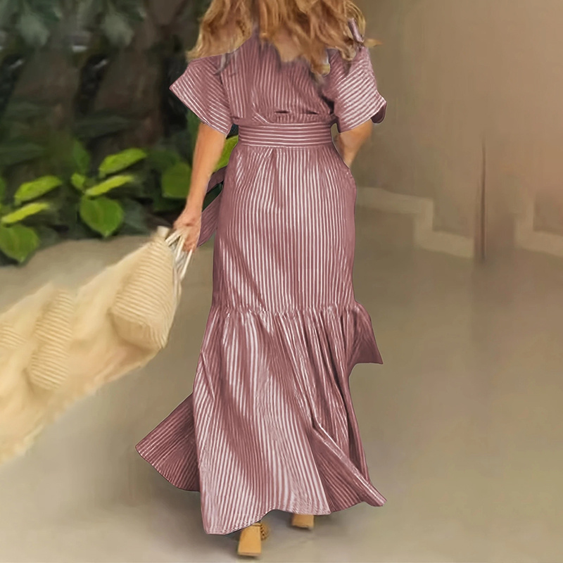 Women's Summer Casual Striped Button Down Maxi Dress Tie Waist Short Sleeve Shirt Dress With Pockets - Image 7