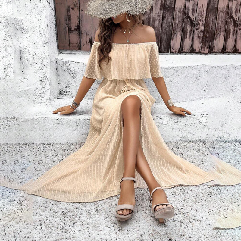 Womens Off The Shoulder Ruffle Party Dresses Side Split Beach Maxi Dress - Image 3