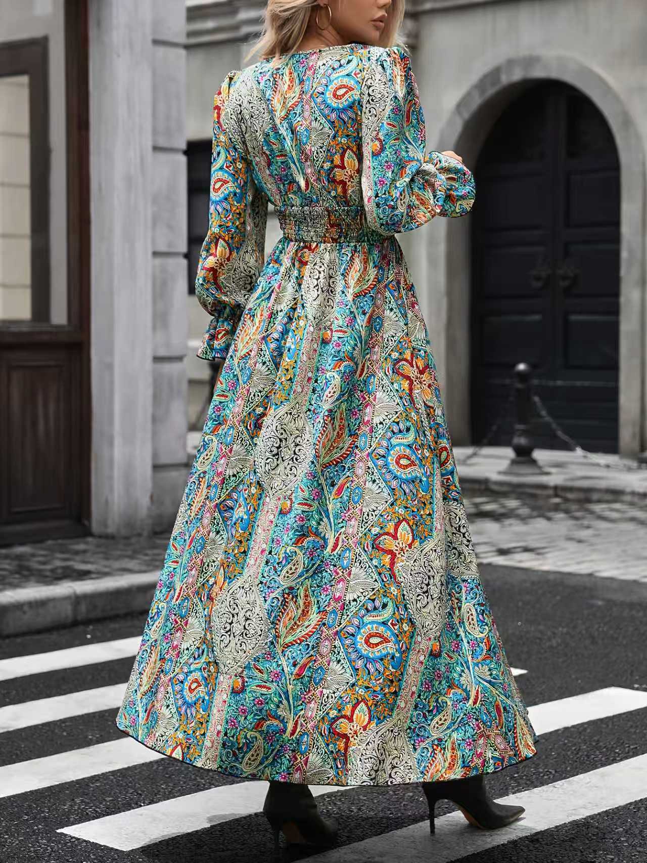 Women's V-Neck Retro Geometric Print Flounce Sleeve Dress - A-Line Maxi Dress With Smocked Waist For Spring&Summer - Image 5