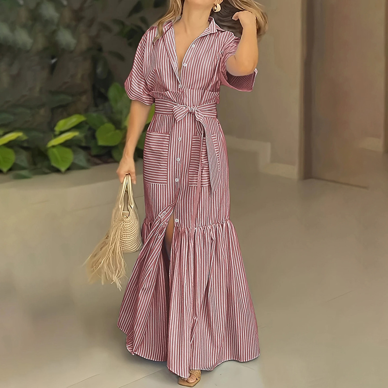 Women's Summer Casual Striped Button Down Maxi Dress Tie Waist Short Sleeve Shirt Dress With Pockets - Image 5