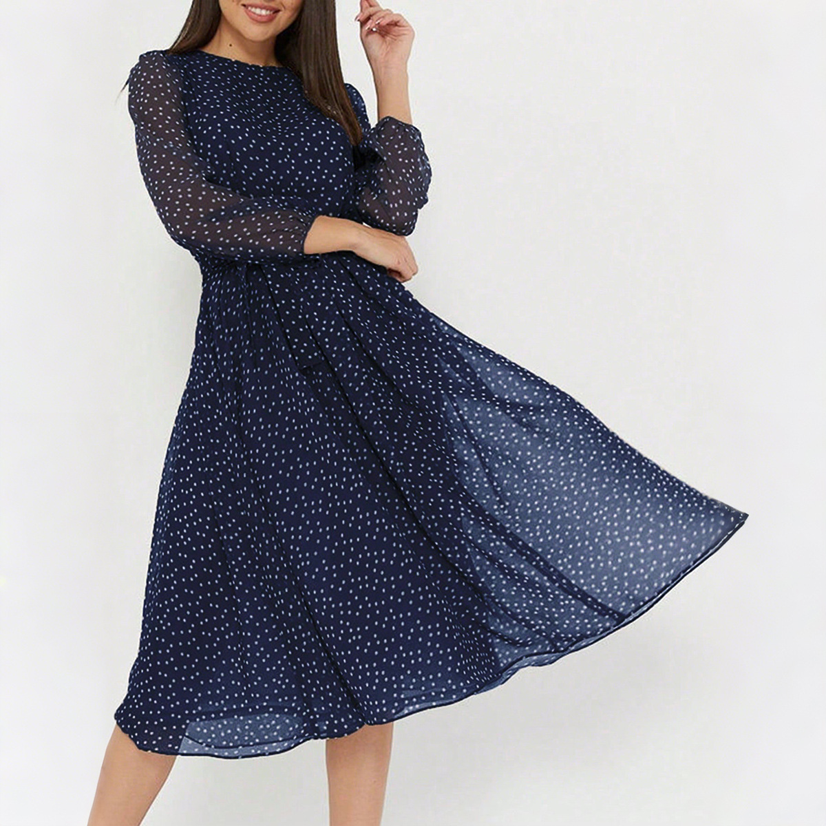 European And American Leisure Vacation Style Polka Dot Long Sleeve Maxi Dress - Image 5