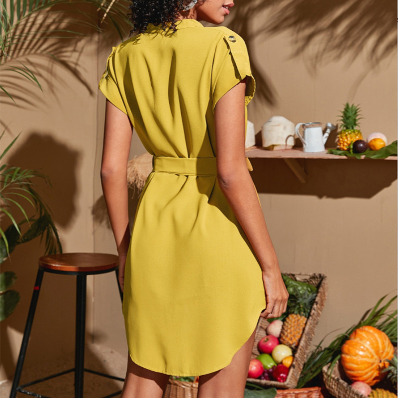 V-neck Short Sleeve Dress With Belt Summer Fashion Bowknot Dresses For Women Clothing - Image 3