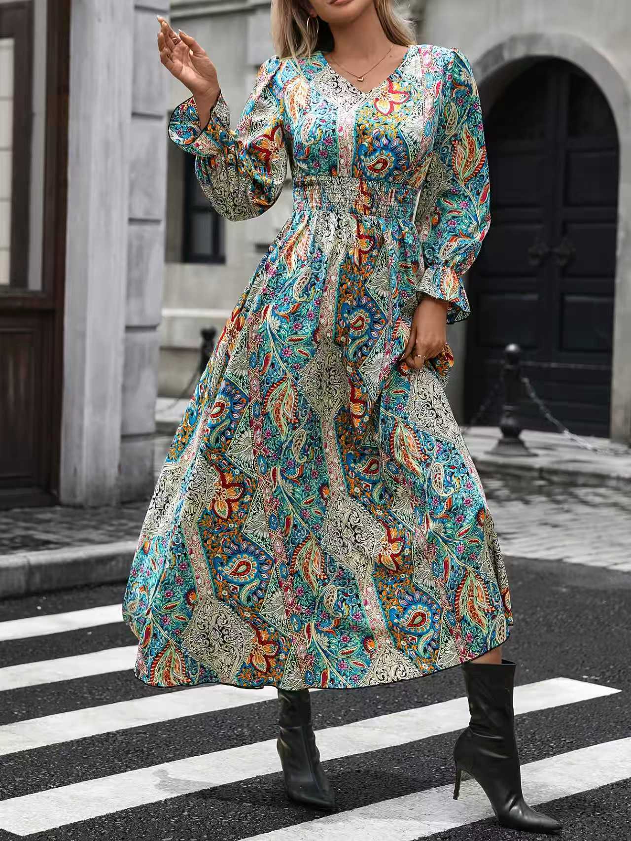 Women's V-Neck Retro Geometric Print Flounce Sleeve Dress - A-Line Maxi Dress With Smocked Waist For Spring&Summer - Image 2